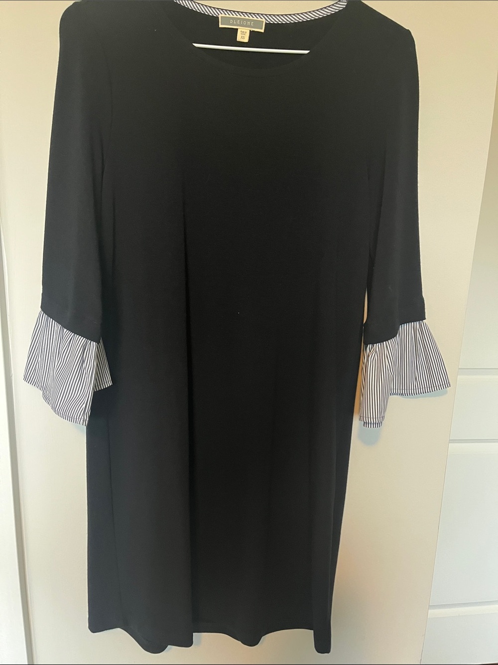 Pleione Black Shift Dress with Striped Ruffle Sleeves